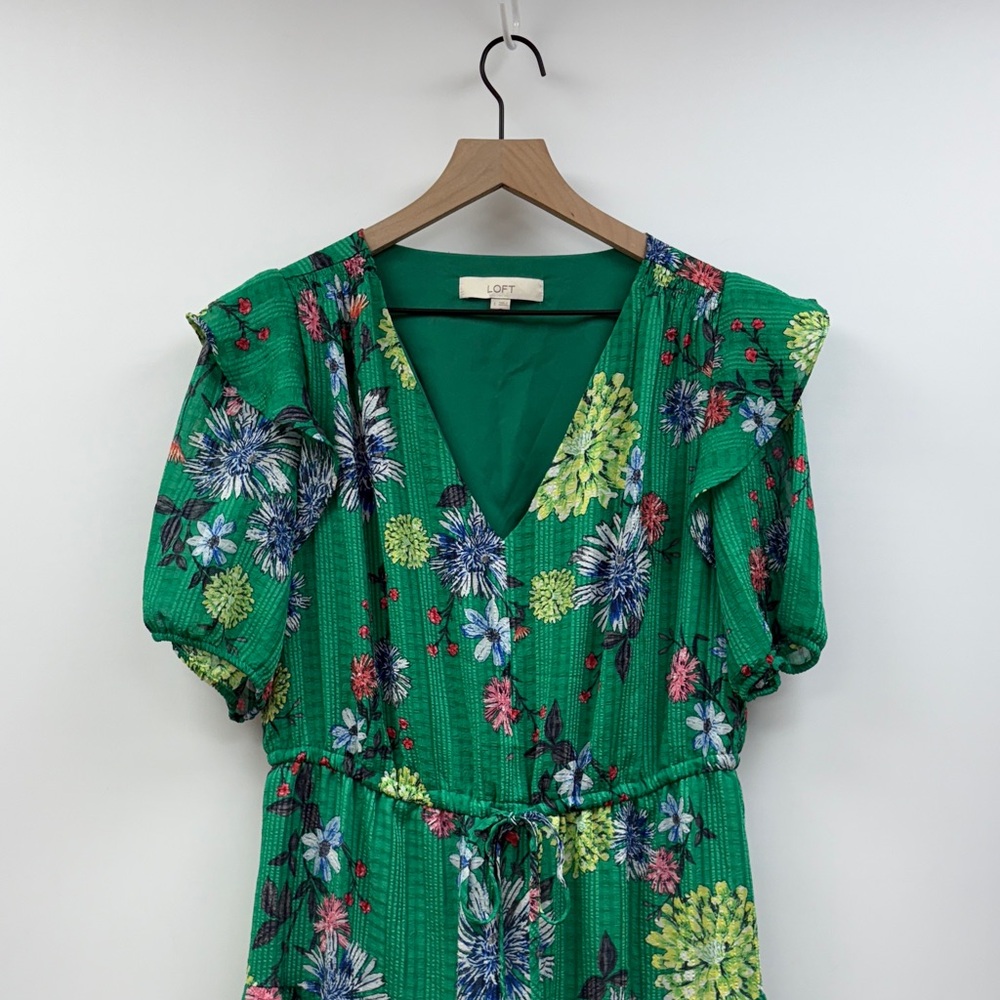 Ann Taylor LOFT Floral Chiffon Tiered V-Neck Midi Dress Green Large - Picture 3 of 10